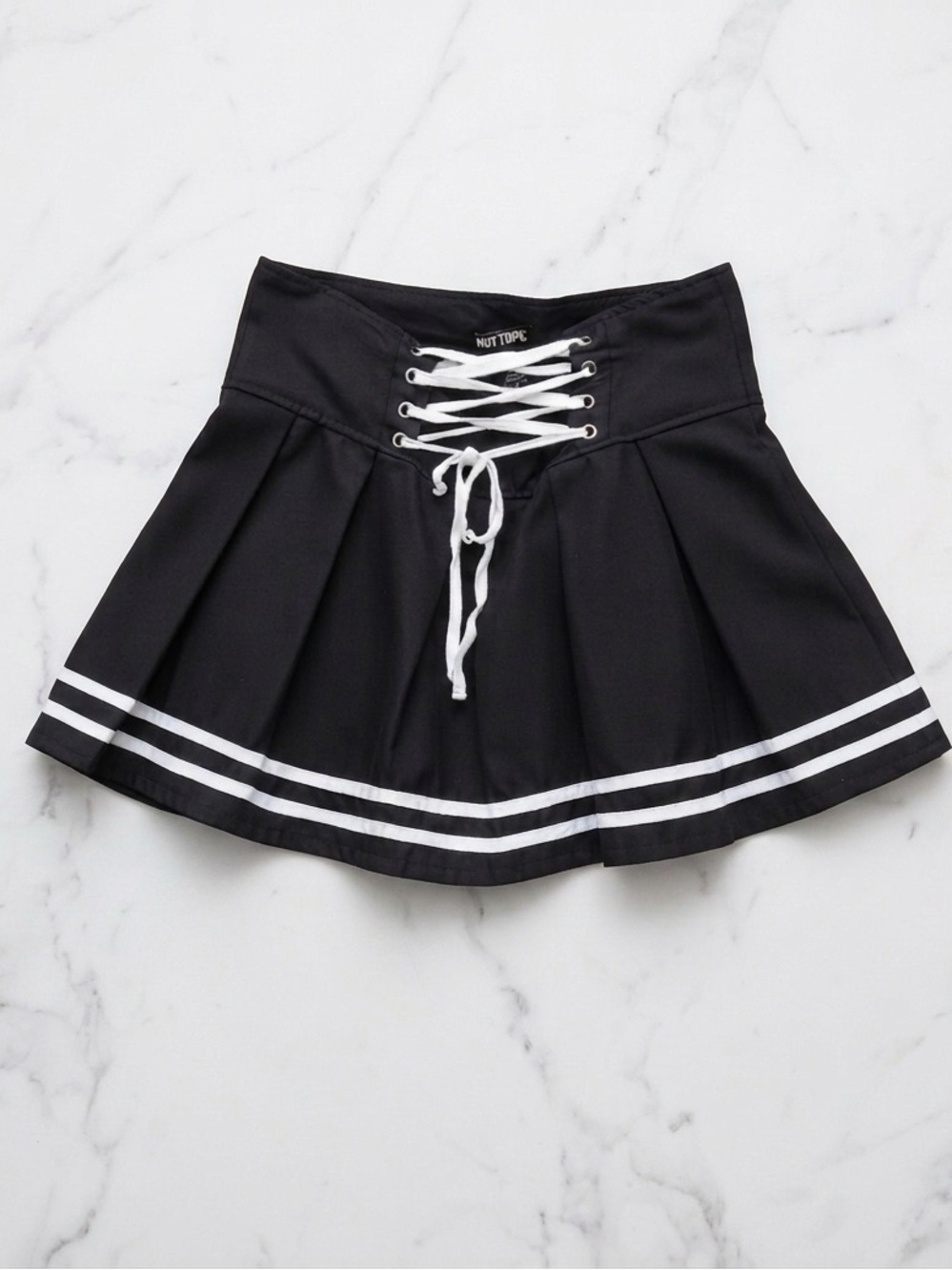 Hot Topic Black Lace Up Corset Mini Skater Skirt White Trim Y2K Alt Goth L